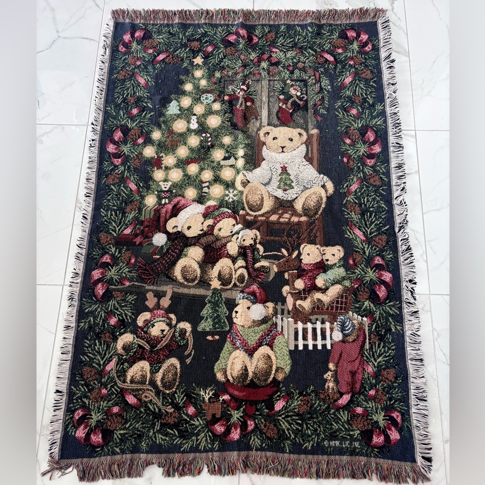 Vintage Goodwin Weavers 100% Cotton Christmas Teddy Bear Holiday Throw Blanket